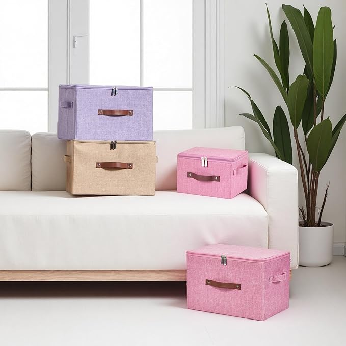 Storage Bins with Zipper Lid Cotton Linen Fabric Lidded Storage Baskets Boxes Foldable Washable Closet Shelf Clothes Organizer Container with PU Leather Handles (Pink, Large)