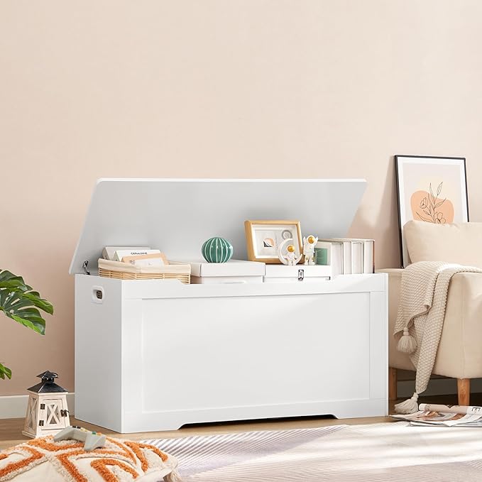 usikey 39.4” Toy Chest, Toy Box for Living Room, Storage Chest with 2 Safety Hinges, Lift Top Storage Bench, Storage Trunk, for Bedroom, Entryway, White