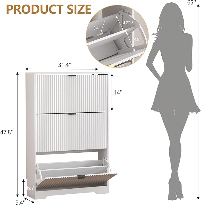 Shoe Cabinet Storage for Entryway with 3 Flip Drawers, White Fluted Shoe Cabinet with Adjustable Shelves, Wooden Hidden Shoe Rack Freestanding Narrow Slim Shoes Storage for Hallway, Entrance
