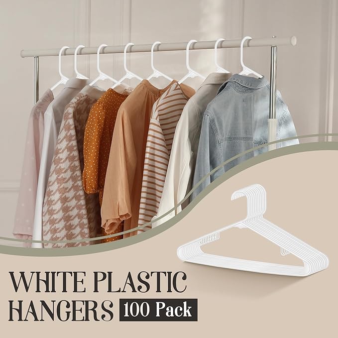 ZENY 100-Pack White Plastic Hangers for Clothes Space Saving Clothing Hangers, Long Lasting Clothes Hangers