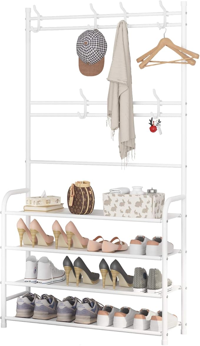 UDEAR Entryway Coat and Shoe Rack,3-in-1 Hall Tree Multifunctional Storage Shelf with 4-Tier Shoe Bench and 8 Hooks,16-20 Pairs of Shoes,Easy Assembly,for Entrance Foyer Bedroom Barthroom,White