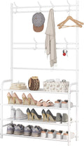 UDEAR Entryway Coat and Shoe Rack,3-in-1 Hall Tree Multifunctional Storage Shelf with 4-Tier Shoe Bench and 8 Hooks,16-20 Pairs of Shoes,Easy Assembly,for Entrance Foyer Bedroom Barthroom,White