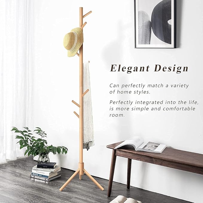 Coat Rack Freestanding Stand Adjustable Coat Tree with 4 Sections 8 Hooks Easy Assembly Beech Wood Coat Jackets Hanger for Hat, Purse Holder, Bedroom, Office, Hallway, Entryway