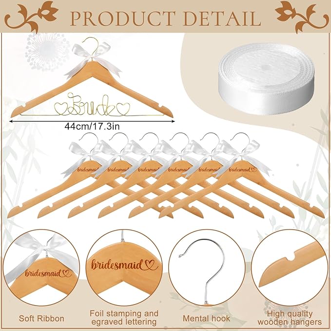 8 Pcs Wire Bride Bridesmaid Hanger Set Wood Color Wedding Dress Hanger with White Ribbon Wooden for Bridal Shower Photo Keepsake Party Wedding Gift