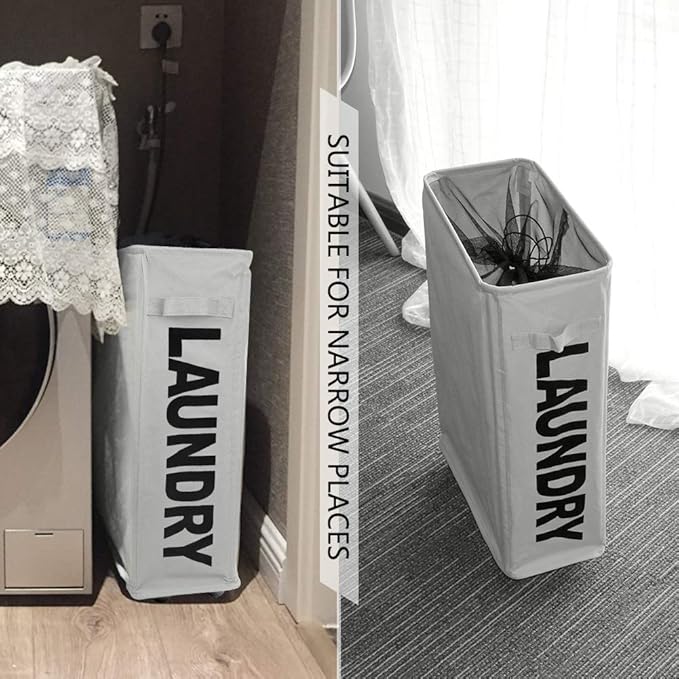 Slim Rolling Laundry Basket with wheel, IHOMAGIC Rectangle Storage Hamper - Thin Laundry Basket Corner Fittable Laundry Bin Flexible Laundry Sorter For Dormitory, Hotel, 39x18.5x58cm 41L, Light Gray