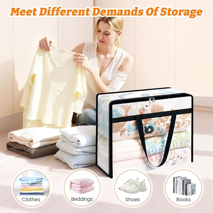 BlissTotes 6 Pack Clear Clothes Storage Bags, Moving Bags, Foldable Blanket Storage Under Bed Storage Containers with Sturdy Zipper and Handle for Clothing, Comforter, Bedding, Sheet (60L)