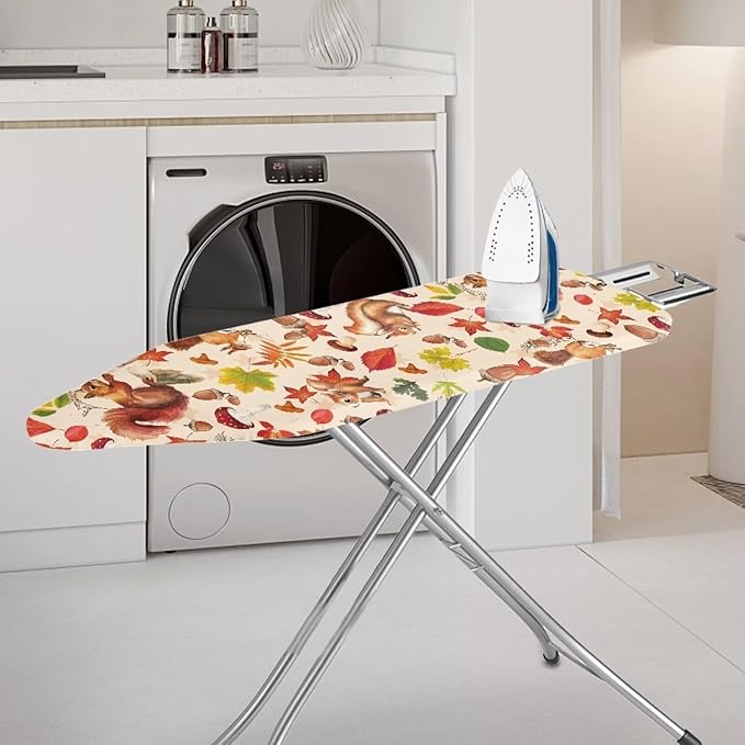 Fall Ironing Board Cover and Pad Squirrel Maple Leaves Standard Size Ironing Board Cover and Pad with Elastic Edge Extra Wide Ironing Pad for Table 54x15 inches