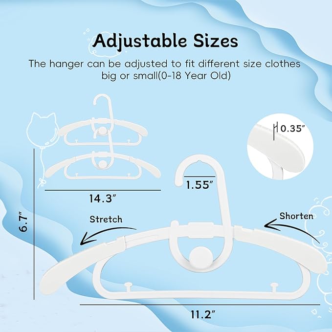30 Pack Baby Kids Clothes Hangers Adjustable Stackable for Infant to Children - Thick Plastic, Non-Slip, Space Saving, White