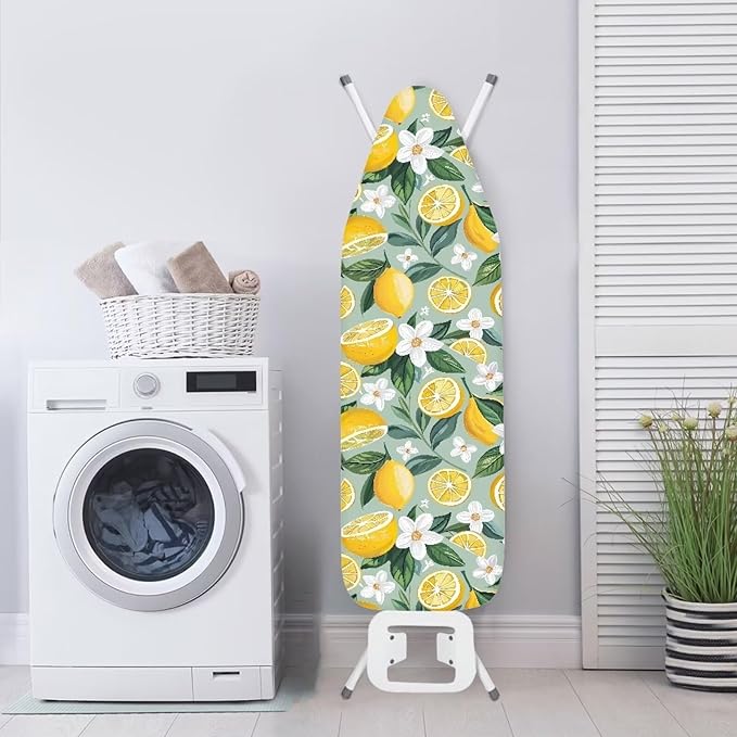 Lemon Ironing Board Cover and Pad with White Floral Standard Size Elastic Edge Home Decoration Hook and Loop Fasteners Heat Reflective 15 x 54 Inch