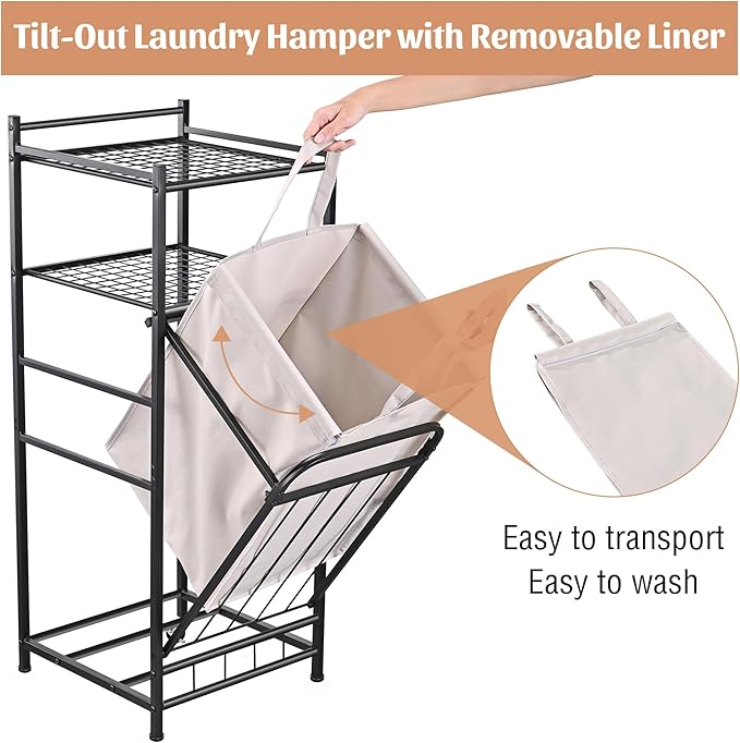 PLKOW Tilt Out Laundry Hamper with Shelf, Laundry Basket Laundry Hamper Cabinet with Removable Liner Bag, 65 Liter, 15.8L x 15.8W x 40H Inch
