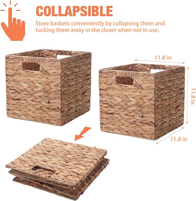 Set of 2 Wicker Storage Basket, Woven Baskets for Storage, Foldable Wicker Storage Baskets for Shelves, Cube Storage Bin for Shelves, Water Hyacinth Laundry Organizer Square Baskets, 12''x12''x12''
