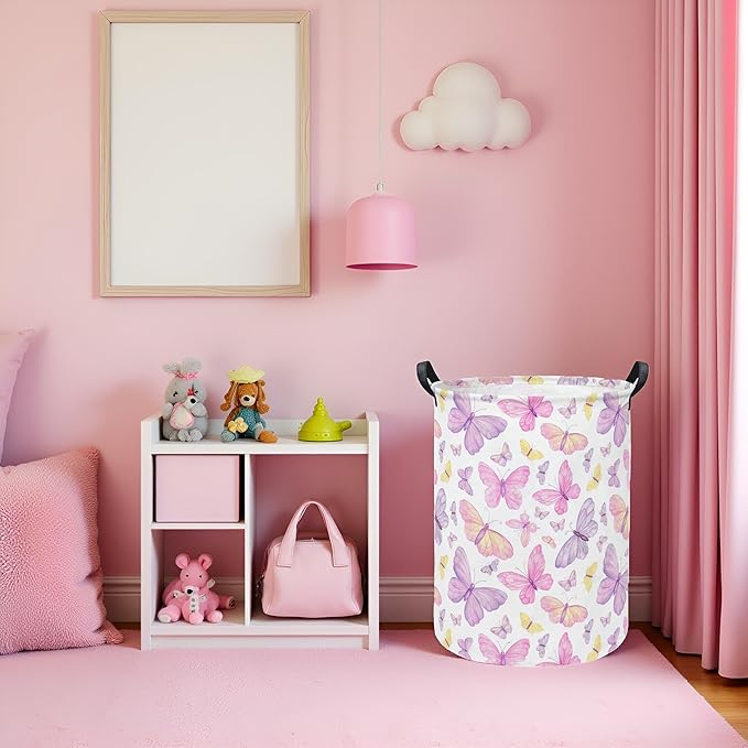 Baby Laundry Hamper kids laundry Basket Waterproof Storage Bin for Bedroom Toy Clothes Organizer Basket Woodland Animals Room Décor(Pink Butterfly)