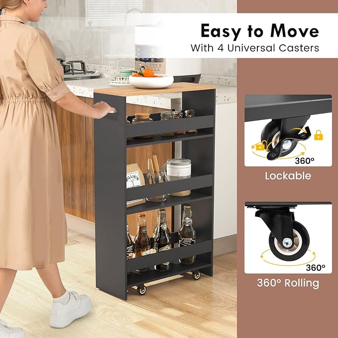LOKO 4-Tier Rolling Storage Cart, 8 Inches Slim Kitchen Cart on Wheels with Open Shelves & Handle, Laundry Room Cart Between Washer and Dryer, for Narrow Space Bathroom Next to Fridge (Grey & Natural)