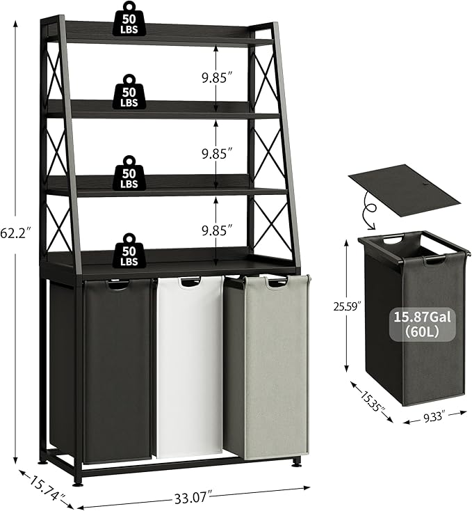 Laundry Basket, 3 Section Laundry Hamper with 4 Tiers Shelf, Pull-Out and Removable Laundry Bags, Large 3 x 15.87 Gallons, for Laundry Room Bathroom Black PF05XLK