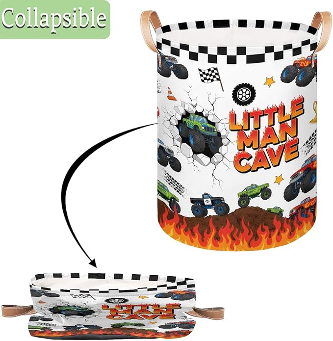 Large Laundry Basket Hamper - Monster Car Trucks Collapsible Storage Bin for Blankets, Kids Toys, Clothes, Little Man Cave 62L Tall Baby Nursery Hamper for Bathroom, Boys Bedroom Decor,Gift Basket