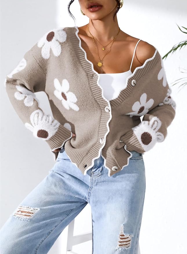Pink Queen Fuzzy Sweater Cardigan for Women 2025 Fashion Long Sleeve Flower Outerwear Button Down Open Front Cardigan Coat