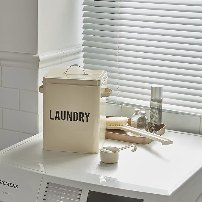 LA JOLIE MUSE Laundry Detergent Powder Storage Tin Box, Farmhouse Laundry Room Decor, 9 Inch High, Cream