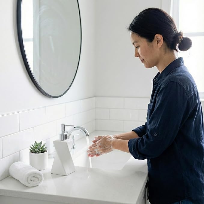 Modern White Hand Soap Dispenser with Silver Pump for Bathroom Countertop, Dish Soap Dispenser for Kitchen Sink, Contemporary Art Style, Matte Finish, 8.5oz (Arctic White)