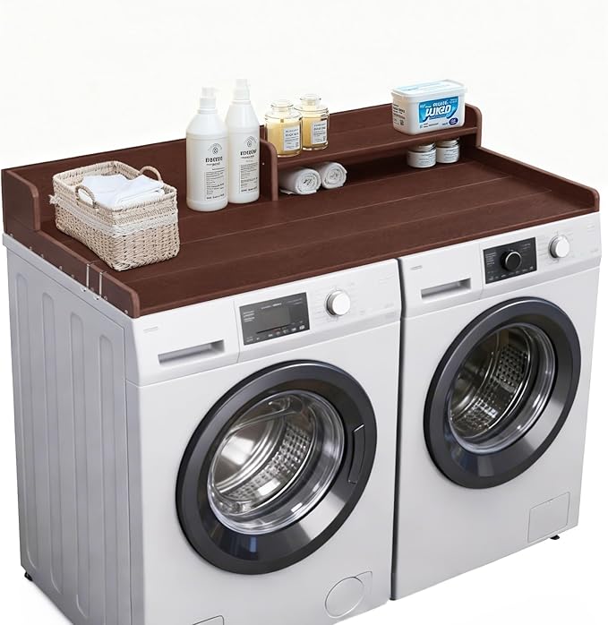 Washer Dryer Countertop, HDPE Laundry Countertop with Storage Shelf and Edge Rails-Brown