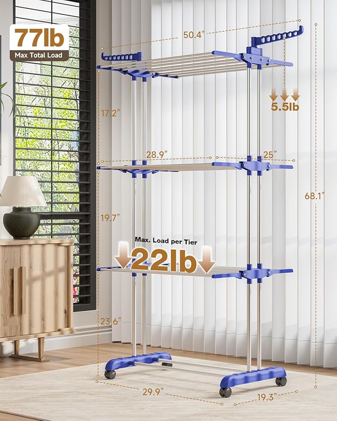 Bigzzia Clothes Drying Rack, Folding Stainless Steel Drying Rack Clothing Indoor Outdoor, Space-Saving, 4 Tier Laundry Drying Rack with Two Side Wings Grey Blue