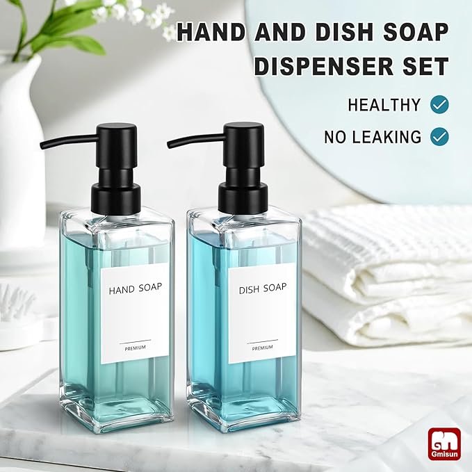 GMISUN Glass Soap Dispenser with Stainless Steel Pump, Clear Hand Soap Dispenser for Bathroom, 12 fl oz/350ml Hand and Dish Soap Dispensers Set for Kitchen, Refillable Liquid Soap and Lotion Bottle