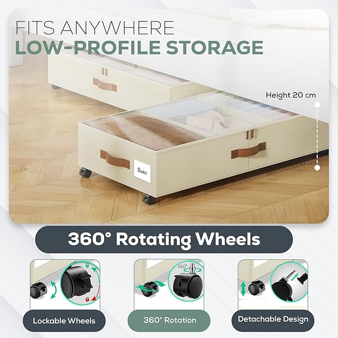 Underbed Storage with Wheels, 2 Pack (36L Each)| Low Profile Storage Organizer with Clear Window, Double Zipper & 360° Locking Wheels – Rolling Metal Drawer for Clothes, Shoes, & More (Beige)