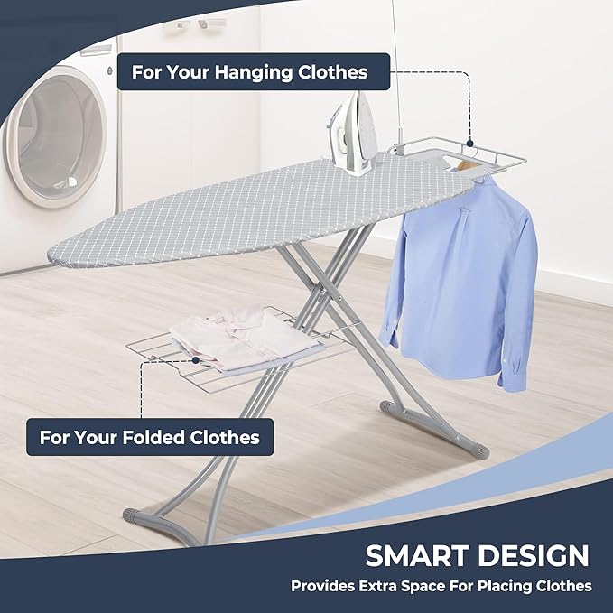 STO STO Ironing Board 48" x 18" with Iron Holder, Cord Holder and Clothes Rack, Adjustable Height 27" to 37", Full Size Foldable Iron Board with Silver Coated Cotton Removable Cover, Gray Checkered