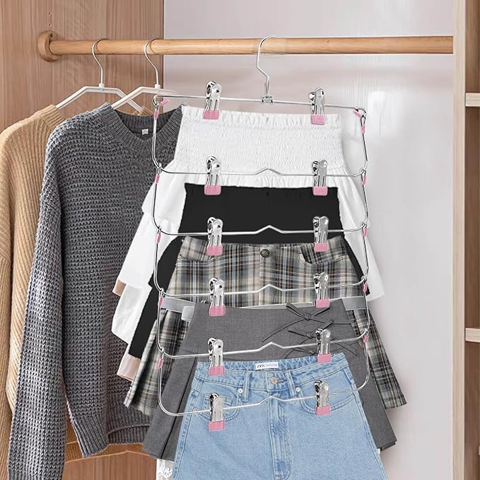 Skirt Pants Hangers with Clips，6Tier Skirt Hangers Space Saving,Metal,Non Slip Closet Organizer and Storage Multi Clothes Shorts Hanger Organization(2, Pink)