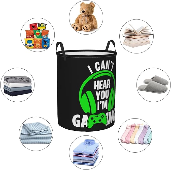 Headphones And Gamepad Round Laundry Hamper Storage Basket Toys Clothes Organizer Bin For Home Bathroom Bedroom Dorm Nursery, 62L