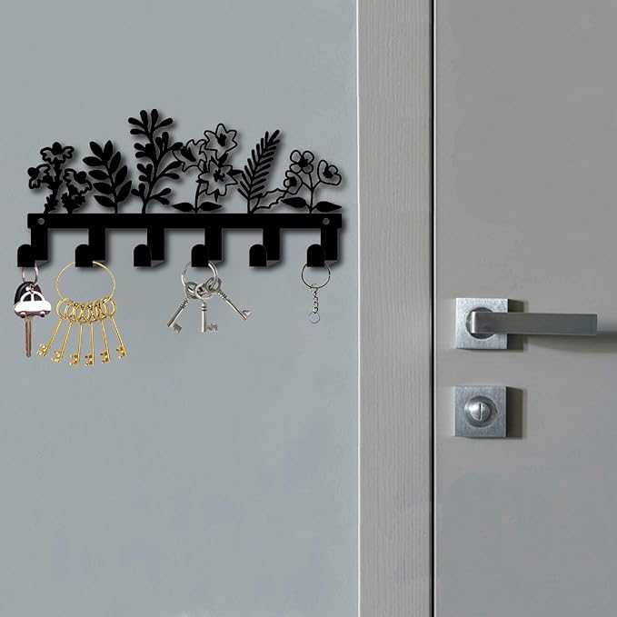 CREATCABIN Flower Key Holder Wall Mount Metal Key Hanger Decorative with 6 Hooks Iron Black Coat Hanger Rack Organizer for Entryway Front Door Bedroom Cabinet Towel Backpack Hanging 10.6 x 5.1 Inch