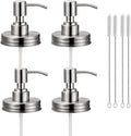 4 Pack Mason Jar Soap Dispenser Lids with Pumps, Rustproof Stainless Steel, Lotion Soap Dispenser Lids Replacement for 16 oz Regular Mouth Mason Jar Decor, 4 Brushes Included Silver