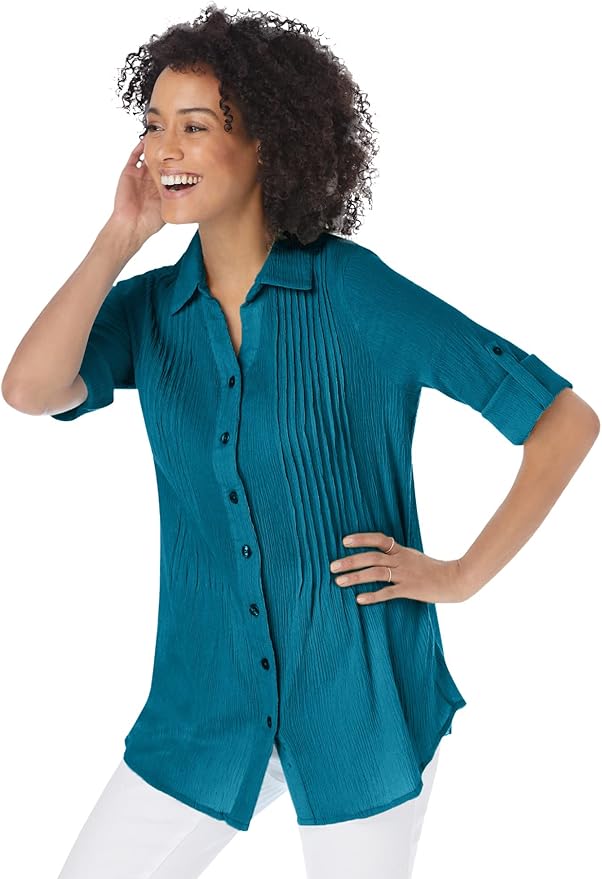 Woman Within Plus Size Pintucked Button Down Gauze Shirt