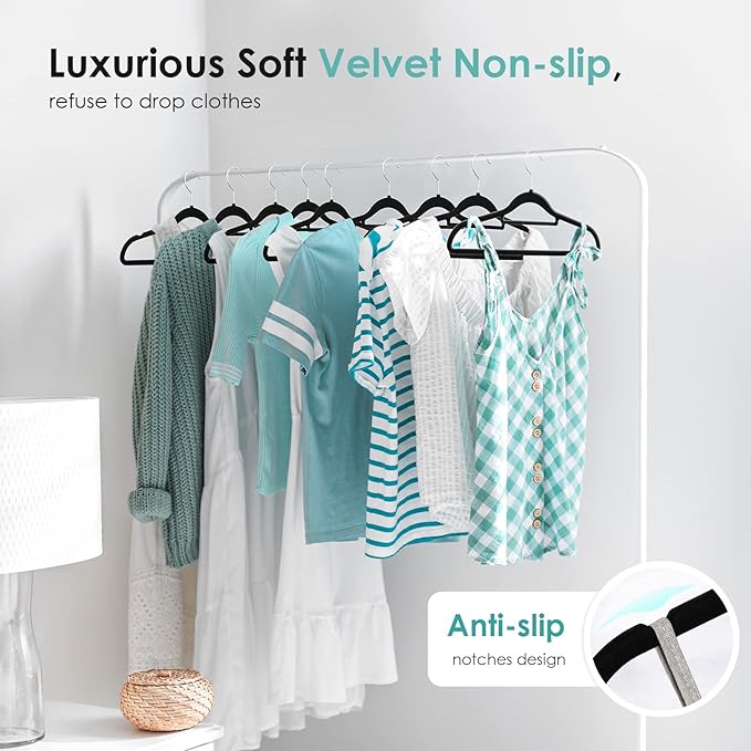 Velvet Hangers Non Slip Felt Hangers, 50 Pack Black Velvet Clothes Hangers Space Saving Slim with 360 Degree Swivel Hook for Suits Coats, Jackets, Pants, and Dress Clothes