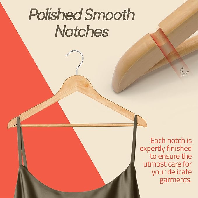 Natural Wooden Hangers 5 Pack – Heavy-Duty with 360° Swivel Hook, Non-Slip, Pants Bar & Shoulder Grooves - Wooden Hangers for Suits, Jackets, Dresses & Camisoles, Space-Saving and Smooth Finish