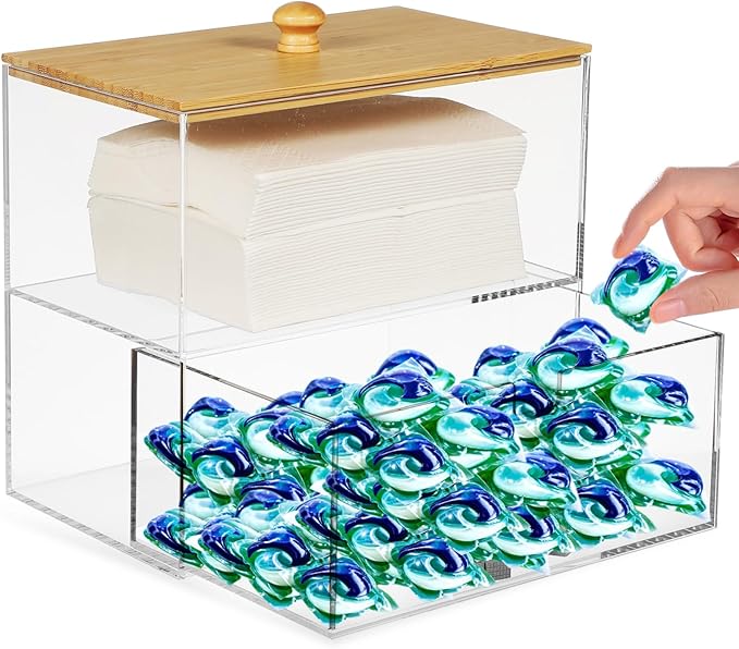 Laundry Pod Containers Acrylic Dryer Sheet Holder Stackable Laundry Room Organization with Storage Drawers and Bamboo Lid,Clear Detergent Dispenser for washer Organizing and Decor