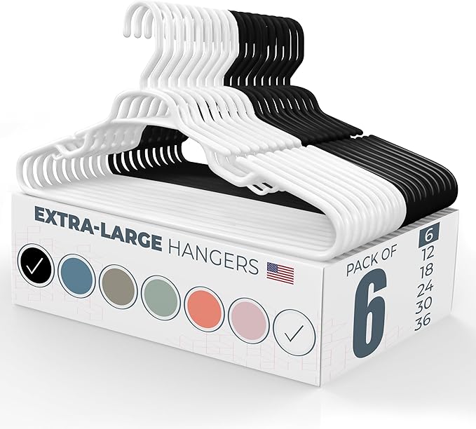 Neaties Large & Wide Heavy Duty Clothes Hangers 6 Pack – Made in USA – Ideal for Plus Size Clothing – 10lb Plastic Hangers with Notches for Oversized Adult Coats & Pants – White & Black