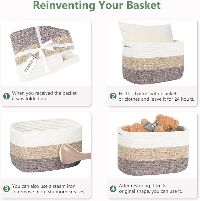 Cotton Rope Basket, Storage Baskets with Handle, 15x10x9 Inch Woven Basket for Shelves, Laundry, Towels, Clothes, Books (Light/Pink 3Pack)