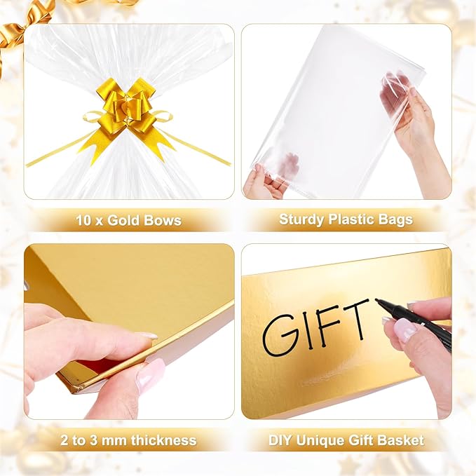AFOROEOA 10PACK Gold Baskets For Gifts Empty, 10x12” Thick Gift Basket with 10 Bows 10 Bags Empty Gift Baskets for Christmas, Valentine’s Day, Easter, Birthdays, Valentine’s Day Wrapping Gift