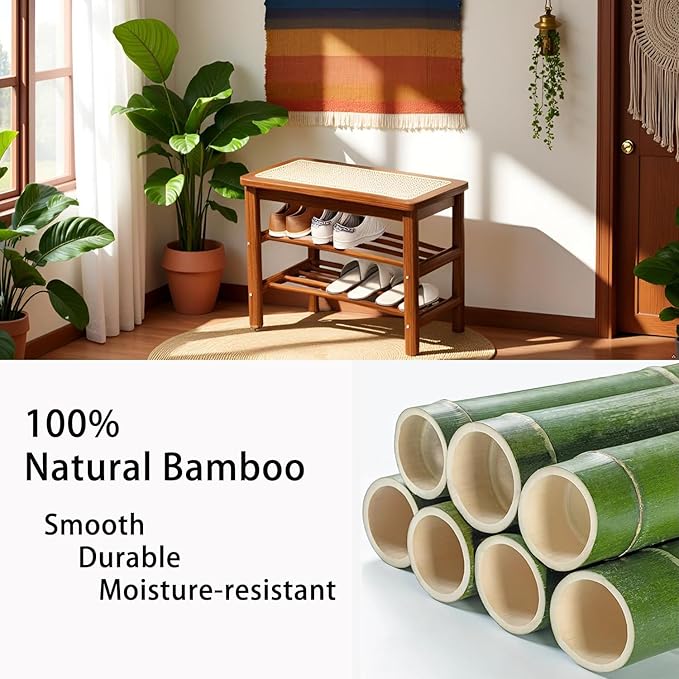 latifolia Shoe Rack Bench, 3-Tier Bamboo Shoe Bench with Breathable Rattan Seat Cushion, Shoe Storage Rack for Entryway(Walnut,23.62''L)