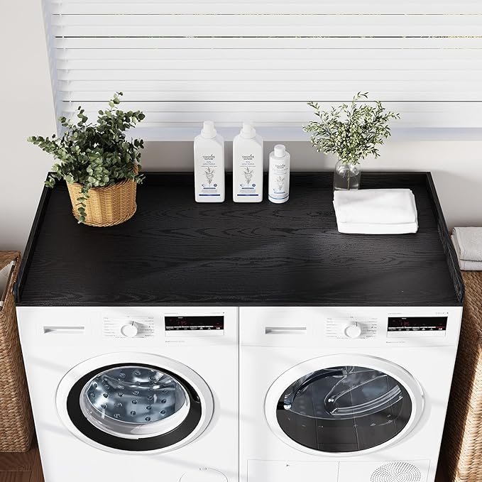 Washer Dryer Countertop, 27.5" x 54“ Wood Washer and Dryer Countertop with Edge Rails for Laundry Room Organization and Storage, Black