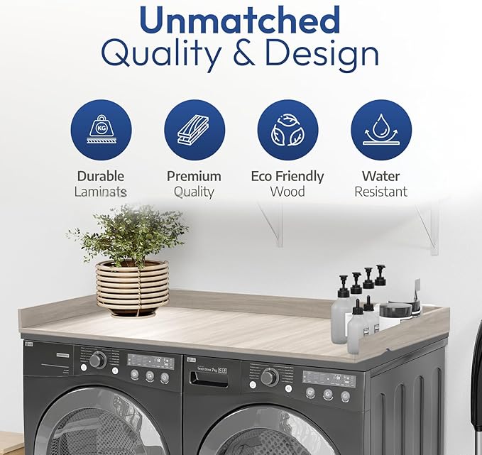 OfficeSimpli Washer Dryer Countertop, Made in USA, Non-Slip Pads, Laundry Room Wood Topper, Washer Dryer Cover for Top, Laundry Countertop, Laminate Finish (Rustic Oak, Standard (27.5" x 54"))