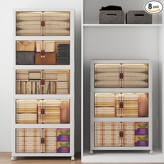 Extra Large Stackable Storage Bins, Lockable Storage Bins with Lids, Folding Storage box with Doors and Wheels, Collapsible Plastic Drawers for Home, Garage, Office (8, White, Large)