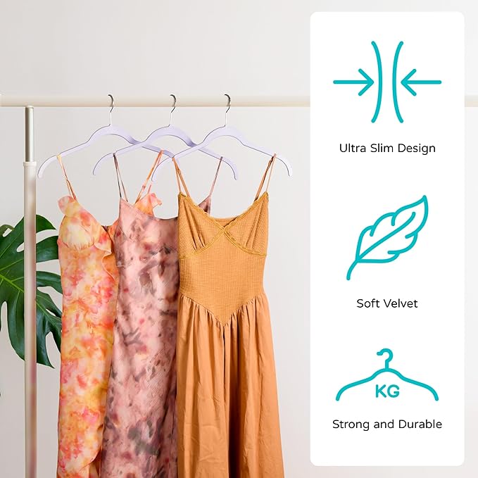 Velvet Hangers 50 Pack – Slim Non-Slip Flocked Hangers with 360° Swivel Hook, Space-Saving Closet Organizer for Dresses, Coats, Blouses(Purple)