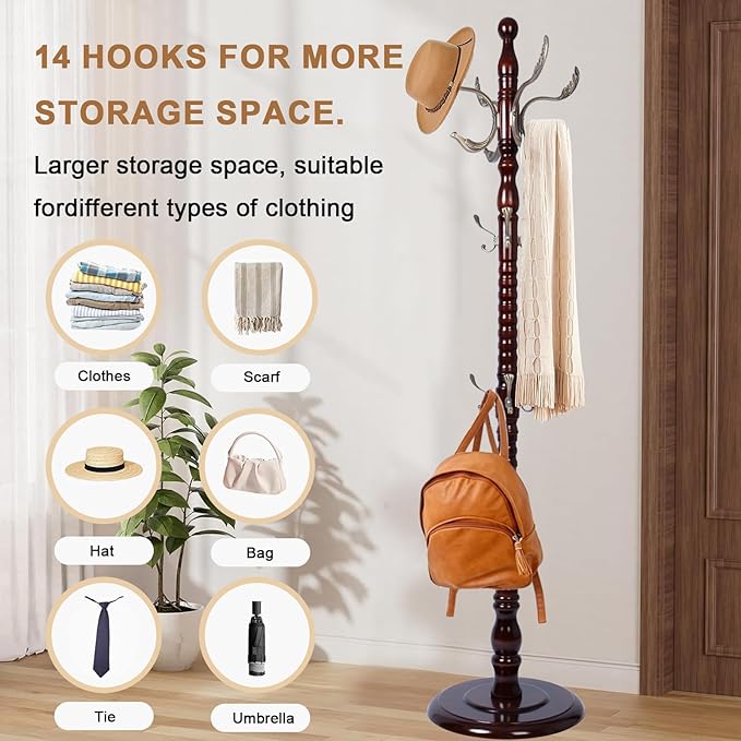 Solid Wood Coat Rack, Free Standing Hall Coat Tree with 14 Hooks, 3 Height Options, 300lbs Load, Stury Base, Clothes Rack for Entryway, Hallway, Bedroom (Disc Base - Metal Phoenix Hook)