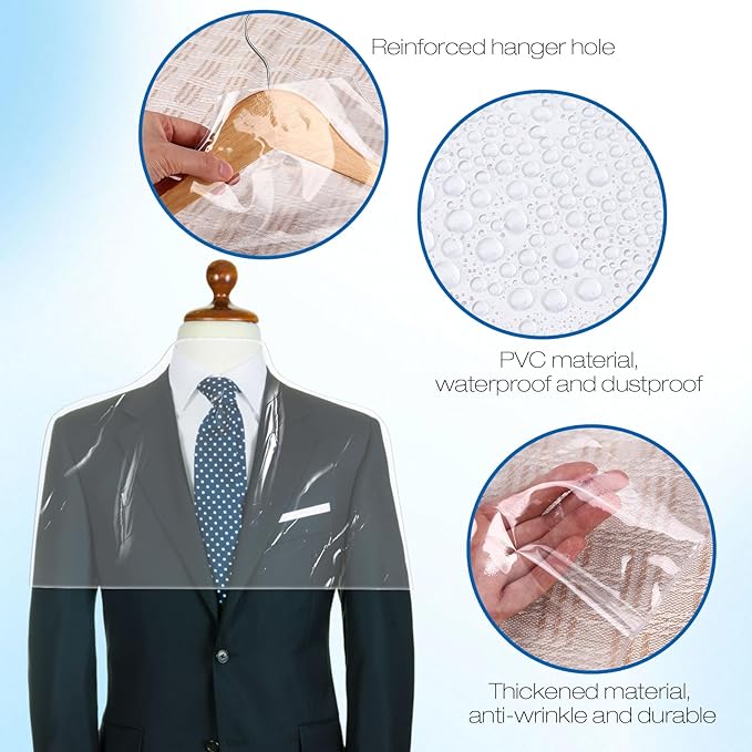 Chumia 50 Pieces Clear Shoulder Cover for Clothes Closet Bulk, Plastic Hanger Covers for Hanging Clothes Shoulder Garment Dust Cover Protectors for Men Women Suit Coats Jackets Dress (19.7'' X 15.8")