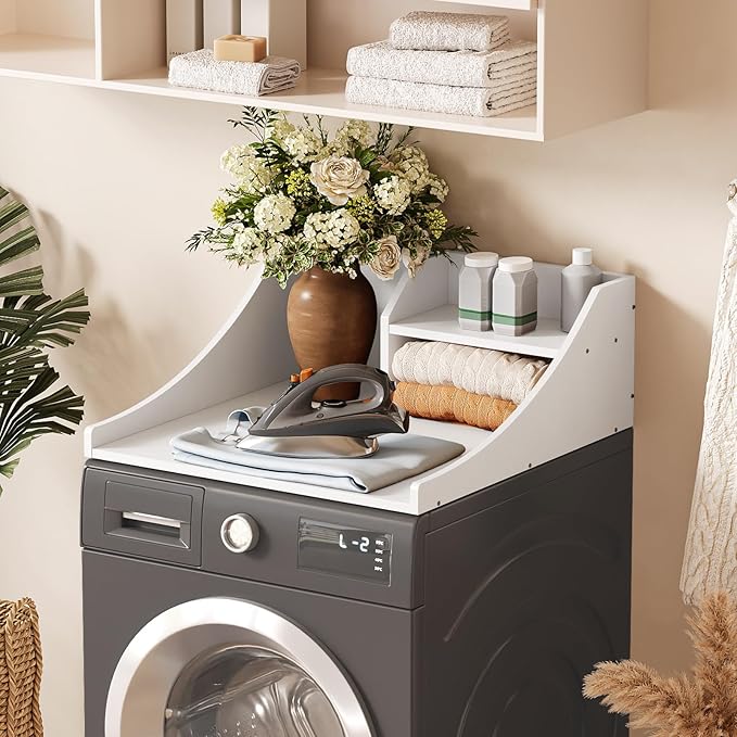 Washer Dryer Countertop Single, 27'' Wood Dryer Top Organizer 2-Tier Laundry Room Storage Shelf for Top of Washer and Dryer, White