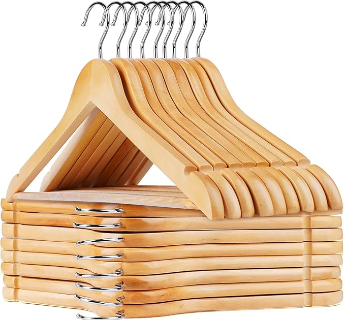 HOUÍSM Wooden Hangers 30 Pack, Solid Wooden Suit Hangers Coat Hangers with Non-Slip Pants Bar, 360° Swivel Hook & Notches, Smooth Finish, Heavy Duty Clothes Hangers for Coats, Suits, Pants and Jackets
