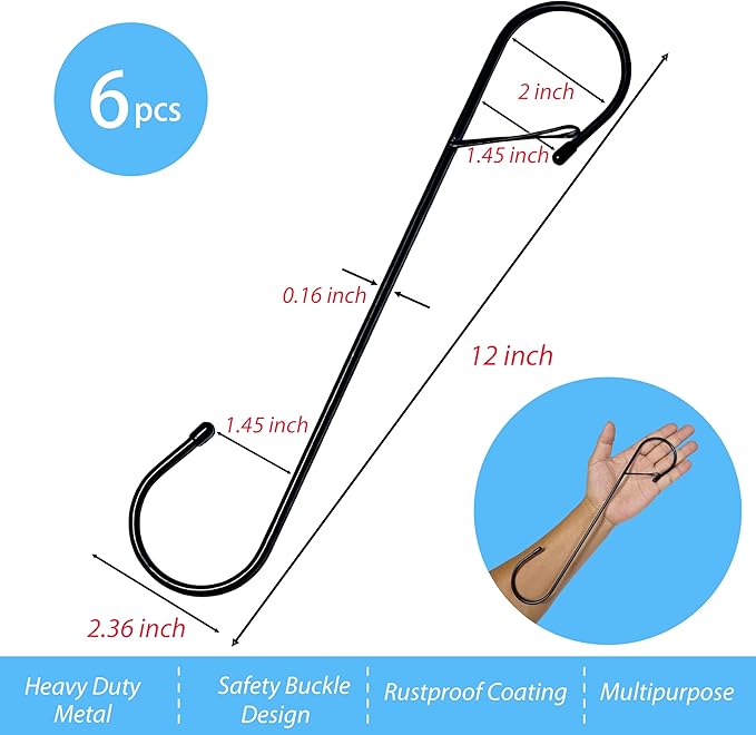 6Pcs S Hooks Hanging 12 inch Heavy Duty Large S Hooks with Safety Buckle, Long S Hook for Hanging Plant, Utility Hooks, Long Heavy Duty Hanging Hooks for Kitchen, Bathroom, Garden, Indoor, Outdoor