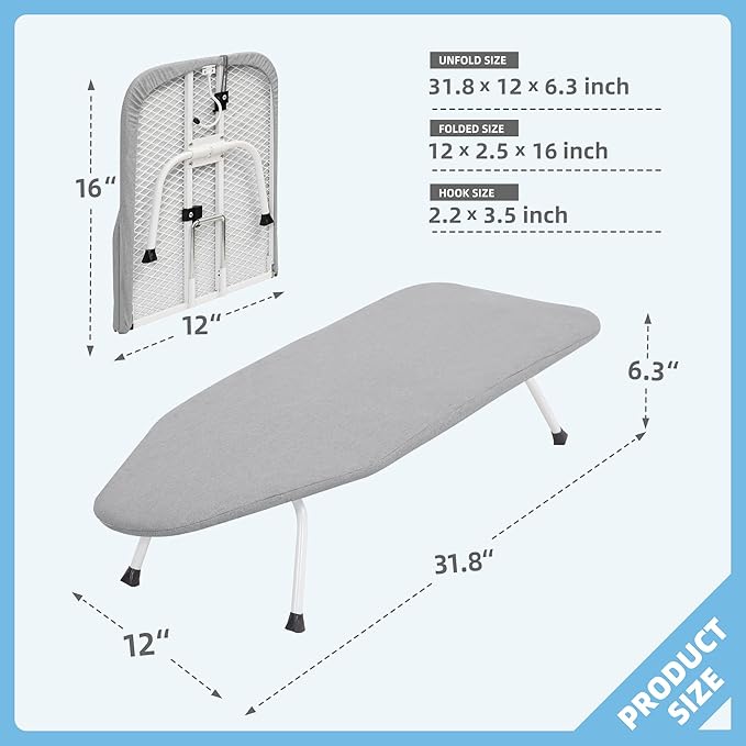 STORAGE MANIAC Tabletop Ironing Broad, All Iron Frame Mini Folding Ironing Broad with 2 Removable Cover, Portable Small Iron Mat with 7 mm Thick Pad for Laundry Room, Dorms - Silver & Blue