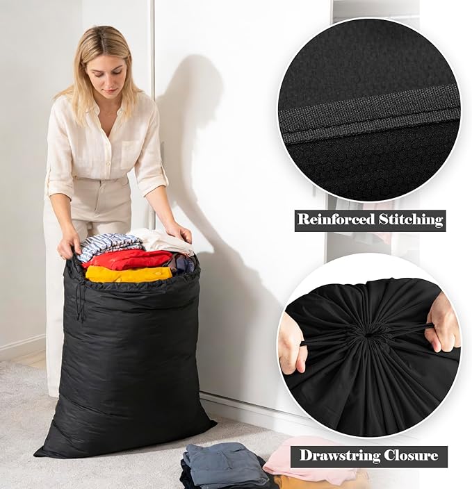 Laundry Bags Extra Large Heavy Duty, Nylon Travel Laundry Bag with Drawstring for Dirty Clothes, 28" x 40" Sleeping Bag Storage Sack, Basket Hamper Liner, Black